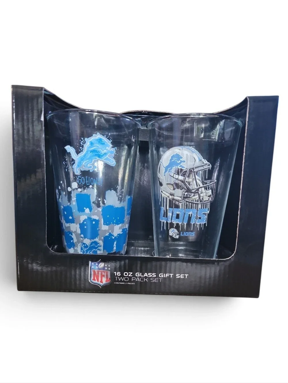 NFL Detroit Lions Blue 16 oz Glass Gift Set - 2 Pack